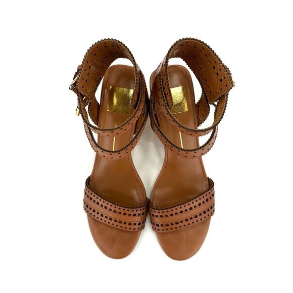 Dolce Vita Straps Sandal Sz 9.5 Brown Leather Gold Block High Heel Laser-Cut New - Picture 13 of 15